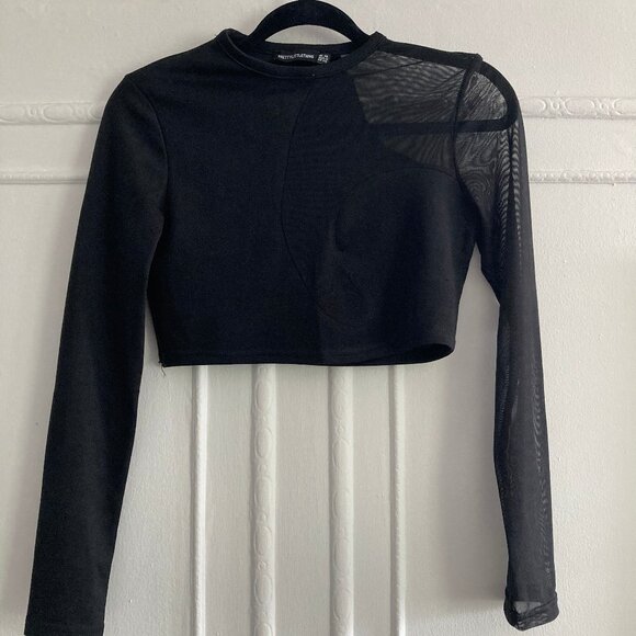 PrettyLittleThing Black Mesh Contrast Detail Long Sleeve Top - Picture 3 of 6